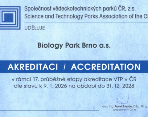 Společnost Biology Park Brno a.s. získala akreditaci.